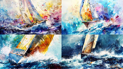 Sailboat scene with splashed water in watercolor, dynamic motion, and vibrant hues 