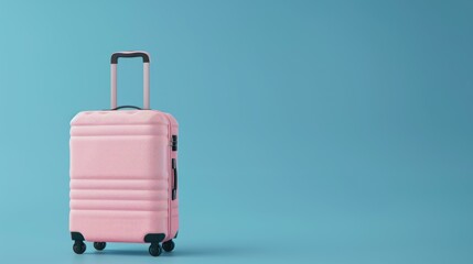 A pink suitcase with wheels on a plain blue background, ideal for travel or luggage-related concepts