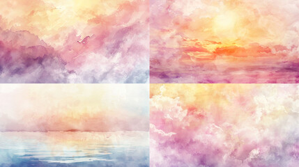 Soft watercolor washes of a gentle sunrise, pastel hues, seamless transitions, high-resolution digital paper for serene backgrounds 