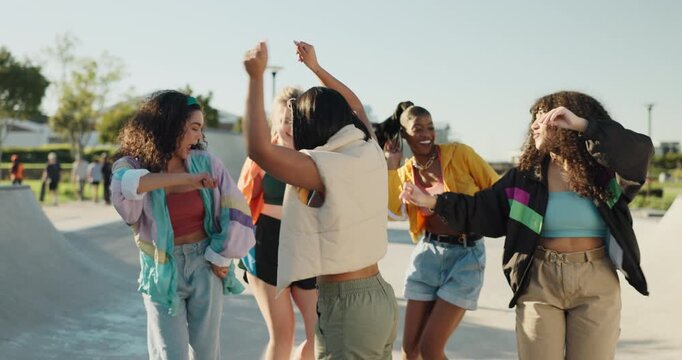 Celebration, park or happy people dancing with hip hop fashion, cool swag or freestyle performance. Creative woman, urban friends or gen z girls with energy, freedom or unique talent for wellness