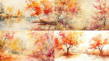 Soft watercolor washes of fall foliage, delicate reds and yellows, creating a serene and colorful autumn landscape 