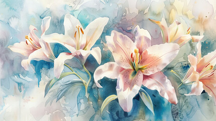 Soft watercolor washes of lilies, rich and delicate pastel hues, serene backgrounds 