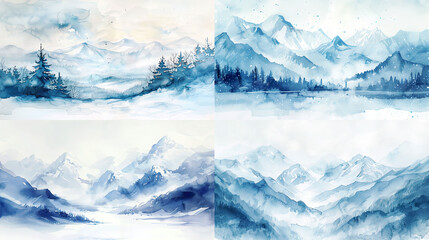 Soft watercolor washes of snowy mountains, pastel blues and whites, creating a serene and tranquil winter scene 