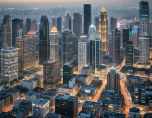 Aerial view of iconic Manhattan skyscrapers dominating NYC skyline