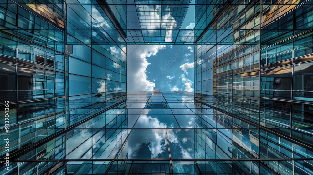 Aufkleber a towering building with numerous windows, surrounded by clouds in the sky