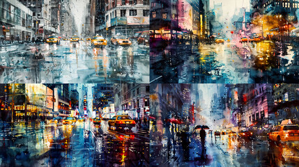 Splashed water in watercolor of rainy cityscape, wet streets, and urban reflections 