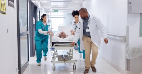 People, doctor and team running with bed for emergency, ICU or surgery to save life at hospital. Medical group, surgeon and nurse in hallway rush with stretcher for ER healthcare, urgency or support - Powered by Adobe