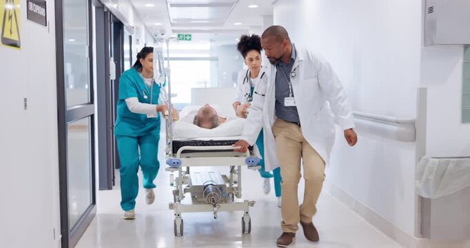 People, doctor and team running with bed for emergency, ICU or surgery to save life at hospital. Medical group, surgeon and nurse in hallway rush with stretcher for ER healthcare, urgency or support