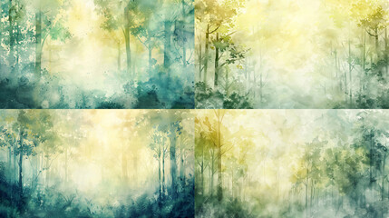 Subtle watercolor washes of an enchanted forest with soft sunlight, soft pastel greens and yellows, seamless blending, serene and tranquil backgrounds 