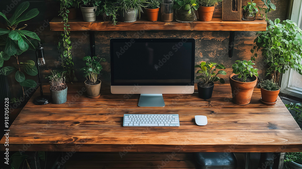 Poster office environment with organized workspaces and tech setups