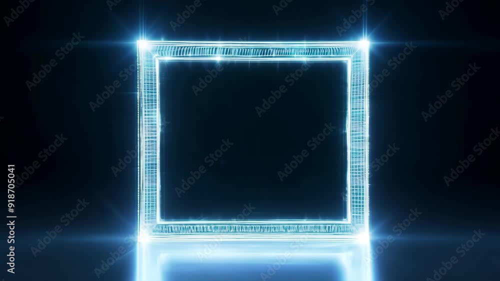 Poster animation of empty rectangular hologram frame with light effect on black background. technology glow