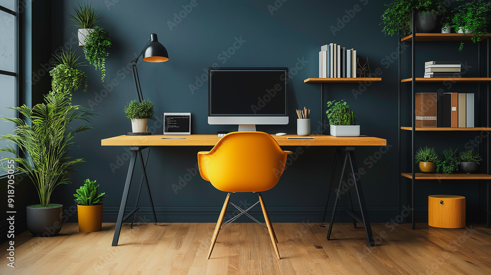 Poster office environment with organized workspaces and tech setups