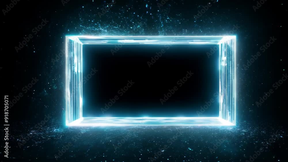 Poster animation of empty rectangular hologram frame with light effect on black background. technology glow