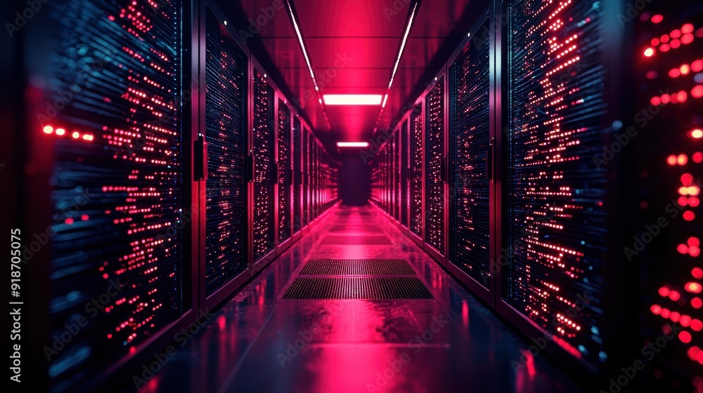 Poster a futuristic data center with vibrant red lighting, showcasing rows of server racks in a high-tech e