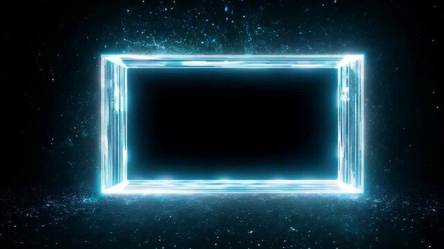 Animation of empty rectangular hologram frame with light effect on black background. Technology glowing HUD rectangle. Magic fantasy portal, teleport. Futuristic interface design. Virtual reality