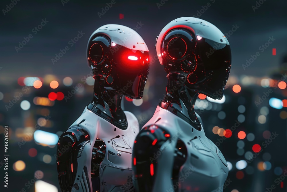 Poster two robotic figures with red lights on their faces, suitable for use in illustrations about technolo