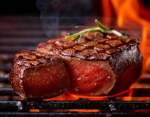 red steak being grilled on a grill with a burning fire.generative ai