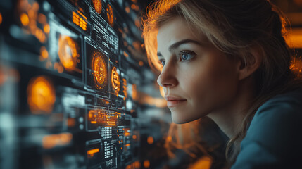 Business professionals using futuristic financial tools in a modern office