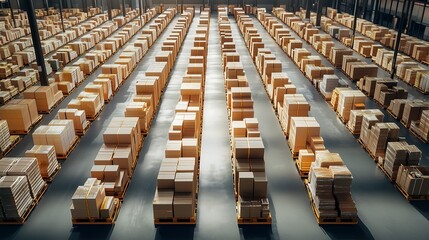 Various goods packages placed on warehouse racks