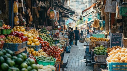 Fototapeta premium a man walking through a market filled with lots of fruits and vegetables