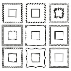 Decorative square frames. Various black designs. Hand drawn styles. White background.