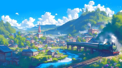 Fototapeta premium anime landscape with train and village and mountain