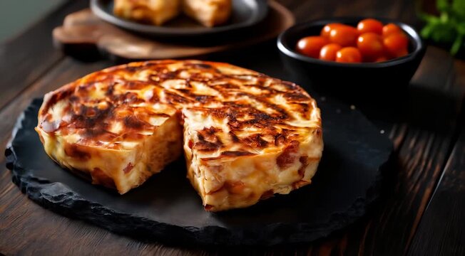 Traditional Spanish food Tortilla de Patatas. A thick omelette made with potatoes and onions, with a golden-brown exterior and a soft interior. Served on a slate plate.