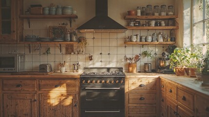 a kitchen with a stove top oven next to a window