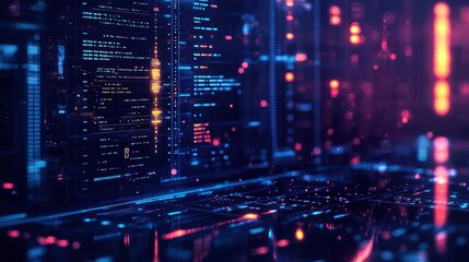 Fototapeta premium Futuristic digital technology interface with glowing data visualization. High-tech abstract background for IT and software concepts.