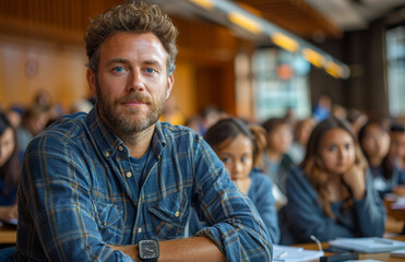 Fototapeta premium A man with a beard and blue eyes is sitting in a classroom