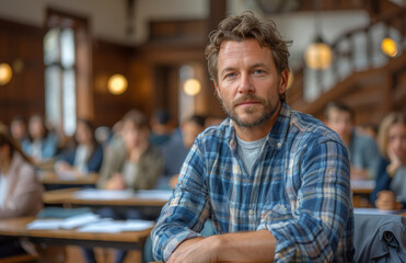 Fototapeta premium A man with a beard and blue eyes is sitting in a classroom