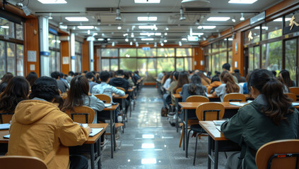 A classroom full of students sitting at desks and taking a test