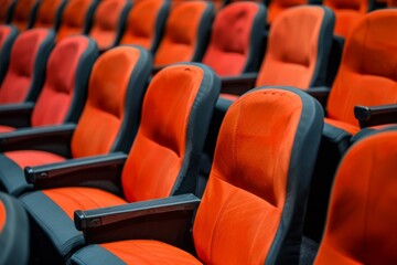 Obraz premium Empty red theater seats viewed across several rows.
