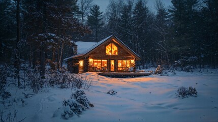 a cabin lit up at night in the snow
