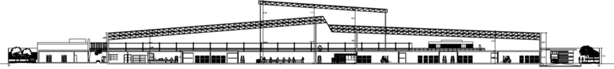 Vector sketch illustration of the silhouette of a modern supermarket building construction detail design