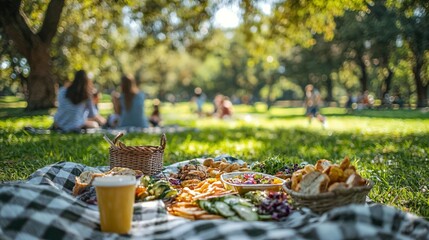 a picnic in the park with food and drinks
