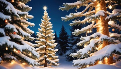 merry christmas background featuring a snow-covered landscape with a decorated pine tree on the left, twinkling fairy lights, and a clear blue sky, ample copy space on the right, ai