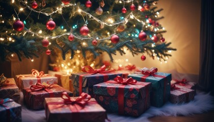 merry christmas background with a close-up of beautifully wrapped gifts under a decorated tree, soft fairy lights in the background, copy space above, high detail, vibrant color, ai