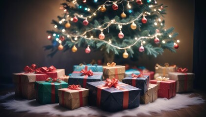 merry christmas background with a close-up of beautifully wrapped gifts under a decorated tree, soft fairy lights in the background, copy space above, high detail, vibrant color, ai