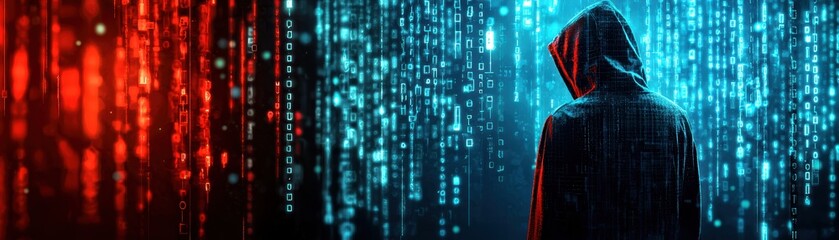 Fototapeta premium Mysterious hooded figure surrounded by digital code in red and blue, representing cybersecurity, hacking, or digital espionage.