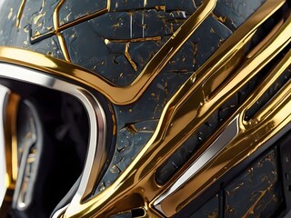 Fototapeta premium A highly detailed, cinematic close-up photograph of a futuristic astronaut helmet, weathered to perfection, with a mesmerizing array of fine cracks and fissures, meticulously repaired with intricate