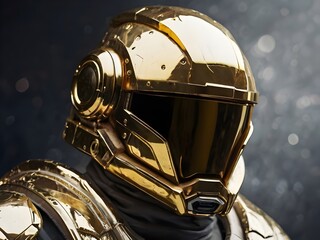 Fototapeta premium A highly detailed, cinematic close-up photograph of a futuristic astronaut helmet, weathered to perfection, with a mesmerizing array of fine cracks and fissures, meticulously repaired with intricate