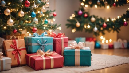 merry christmas background with a close-up of beautifully wrapped gifts under a decorated tree, soft fairy lights in the background, copy space above, high detail, vibrant color, ai