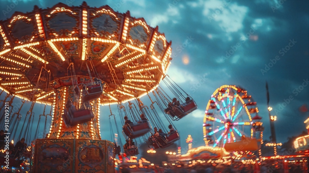 Poster a carnival ride with a ferris wheel in the background