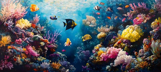 62. A vibrant coral reef scene with a variety of colorful fish and marine life swimming among the corals