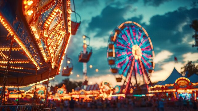 a carnival with a ferris wheel and other rides
