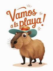 Cute Capybara Wearing a Hat with Vamos a la Playa Text, Or Let's Go to the Beach