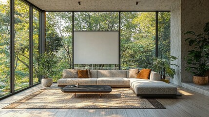 a living room with a couch, coffee table and large windows