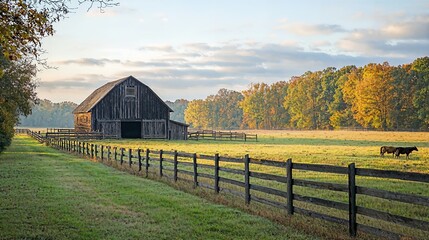 a farm with a barn and a fence