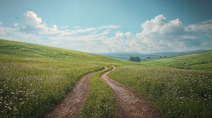 Obraz premium a dirt road going through a lush green field